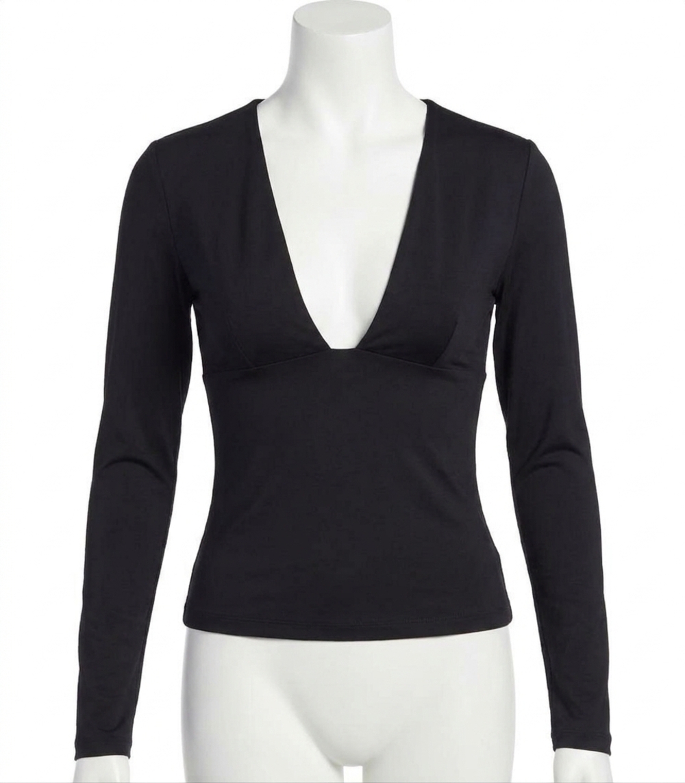 NEW SUSANA MONACO long sleeve deep v-neck fitted top in black